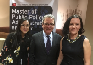 From left to right: MPPAL Alumna and Ontario Legislative Intern Shireen Salti with the Hon. David Zimmer, Minister of Indigenous Relations and Reconciliation and Alena Kimakova, Director of the School of Public Policy and Administration